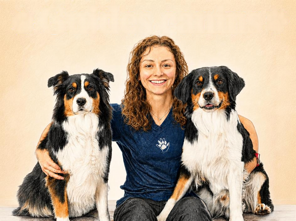 Floriane Baqué, éducatrice canine et fondatrice d’Eden K9, assise entre deux chiens tricolores